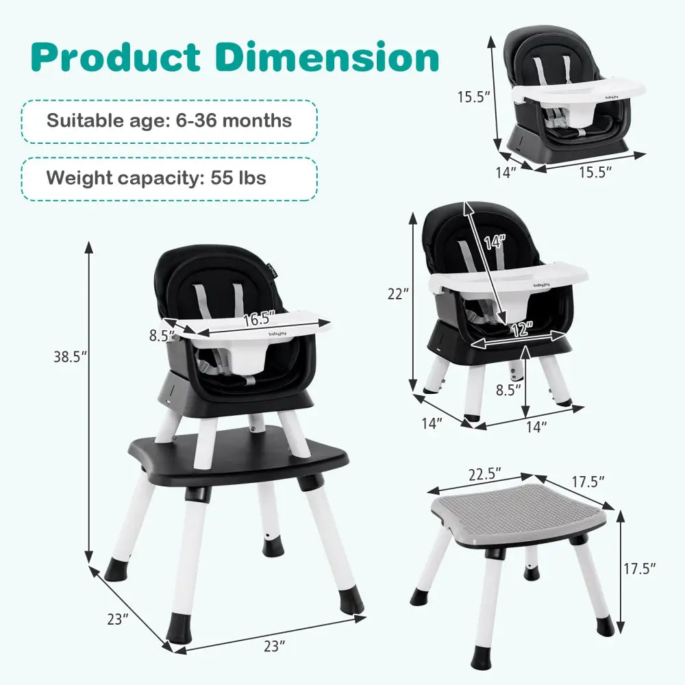 6-in-1 Convertible Baby High Chair with Adjustable Removable Tray-Black - Black - High Chairs