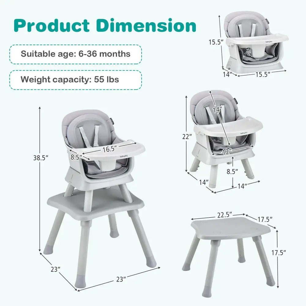 6-in-1 Convertible Baby High Chair with Adjustable Removable Tray-Gray - Gray - High Chairs