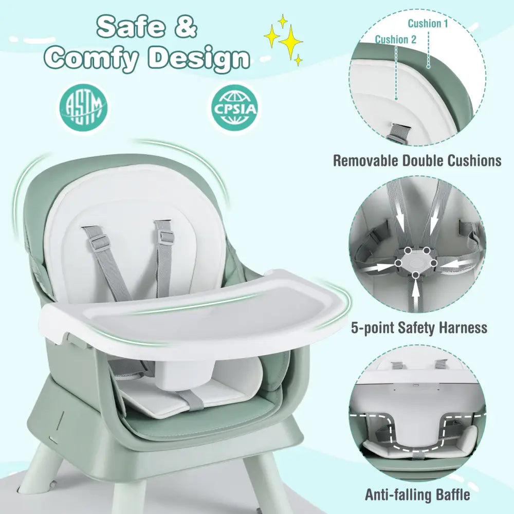 6-in-1 Convertible Baby High Chair with Adjustable Removable Tray-Green - Green - High Chairs