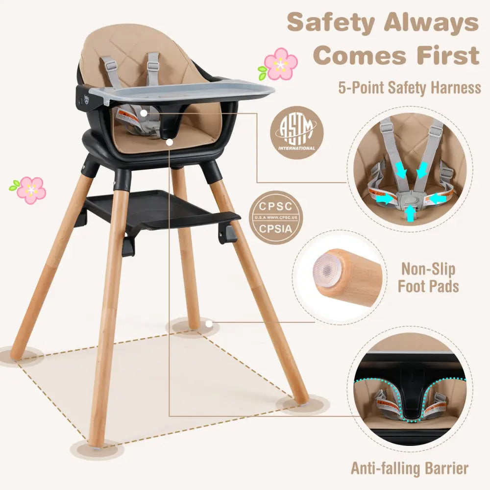 6 in 1 Convertible Highchair with Safety Harness and Removable Tray-Coffee - Coffee - High Chairs