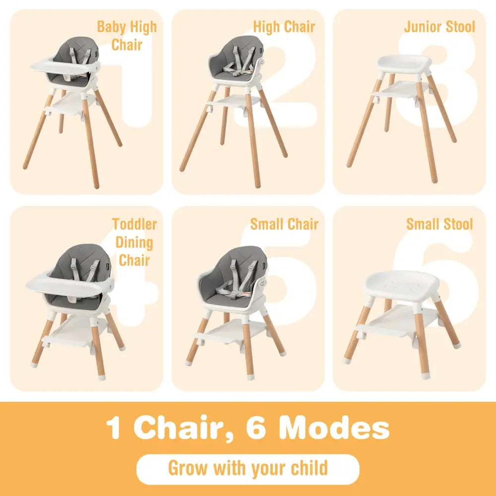 6 in 1 Convertible Highchair with Safety Harness and Removable Tray-White - White - High Chairs