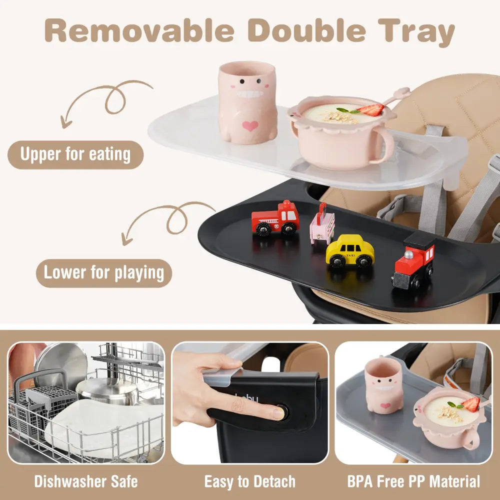 6 in 1 Convertible Highchair with Safety Harness and Removable Tray-Coffee - Coffee - High Chairs