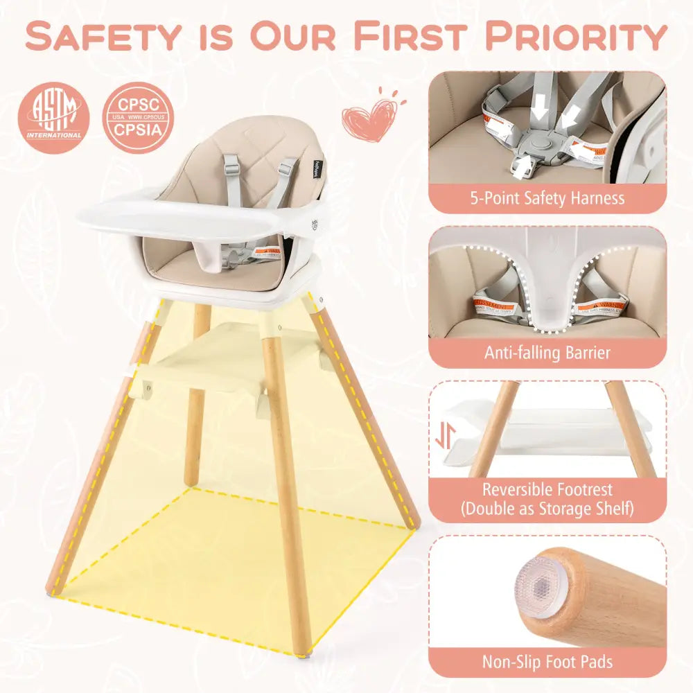 6 in 1 Convertible Highchair with Safety Harness and Removable Tray-Beige - Beige - High Chairs