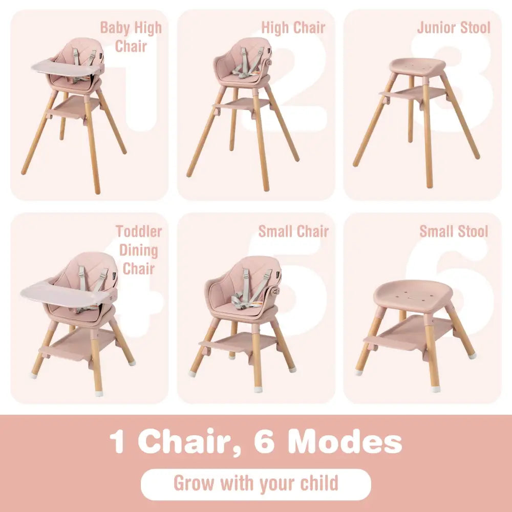 6 in 1 Convertible Highchair with Safety Harness and Removable Tray-Pink - Pink - High Chairs
