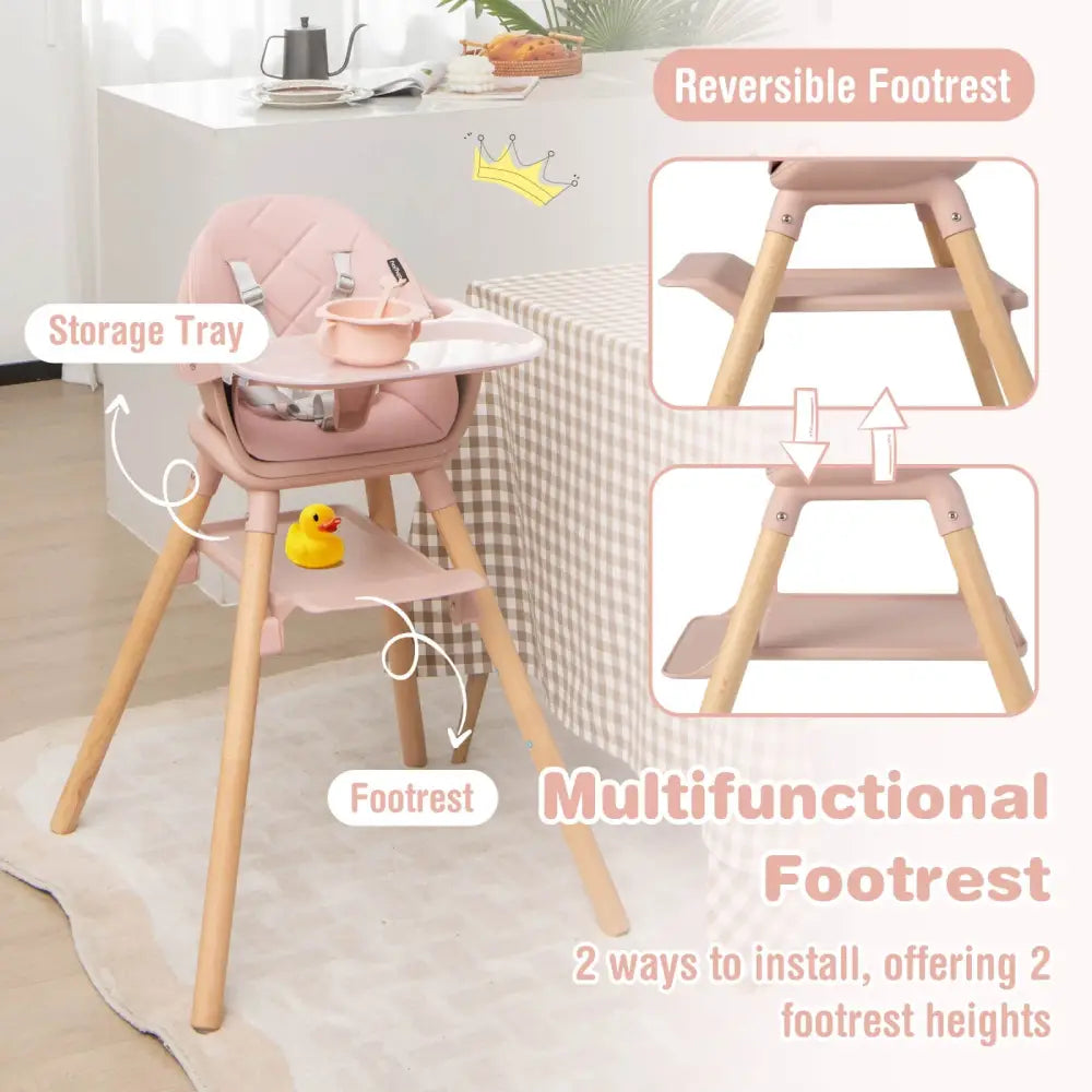6 in 1 Convertible Highchair with Safety Harness and Removable Tray-Pink - Pink - High Chairs