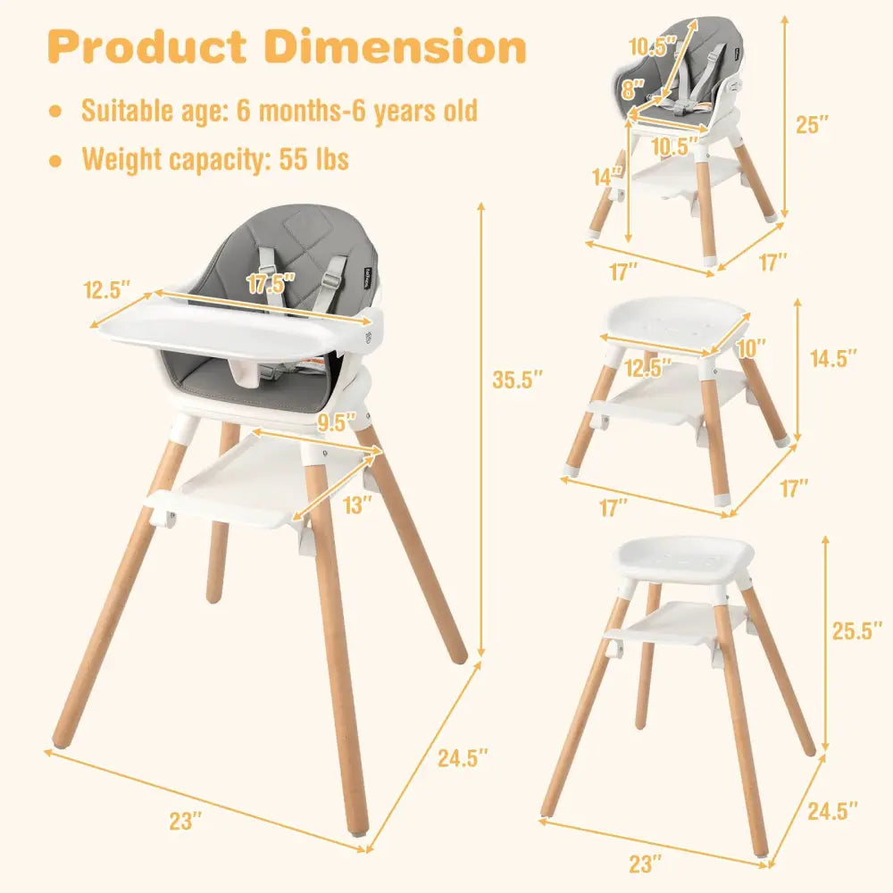 6 in 1 Convertible Highchair with Safety Harness and Removable Tray-White - White - High Chairs