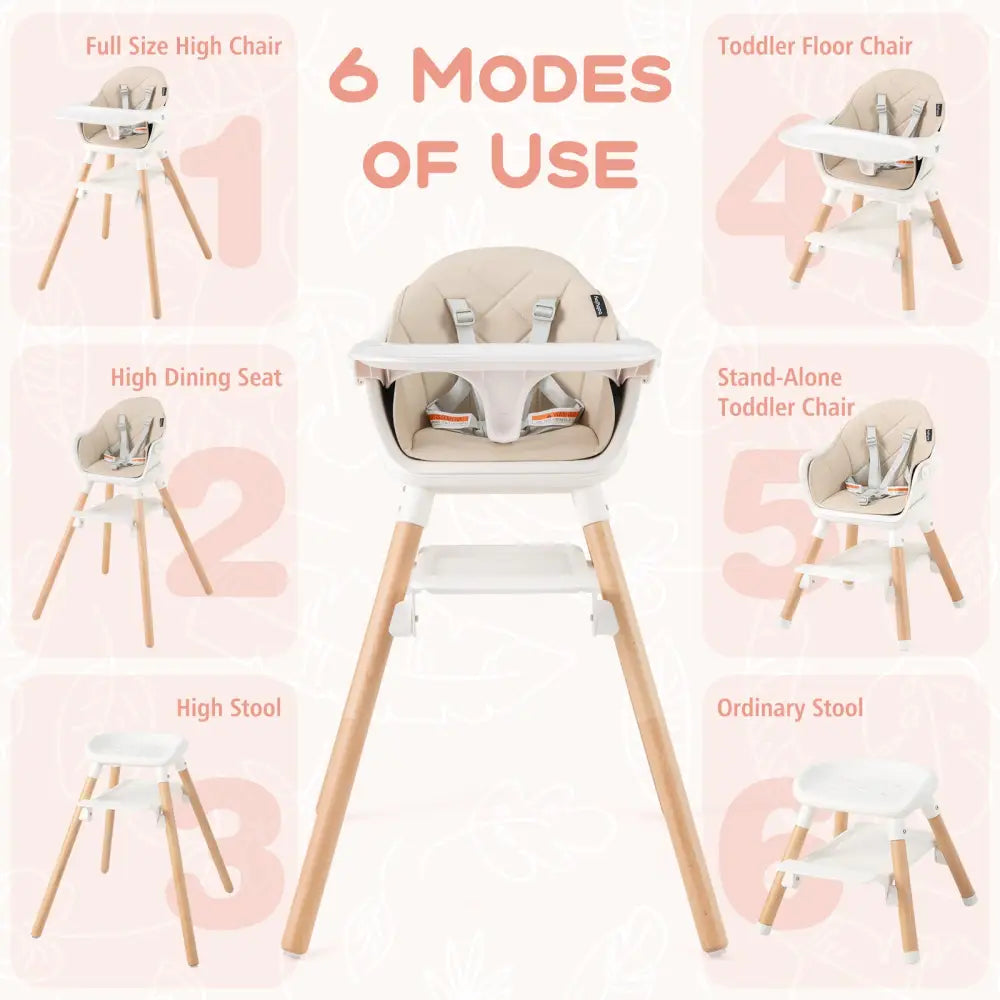 6 in 1 Convertible Highchair with Safety Harness and Removable Tray-Beige - Beige - High Chairs