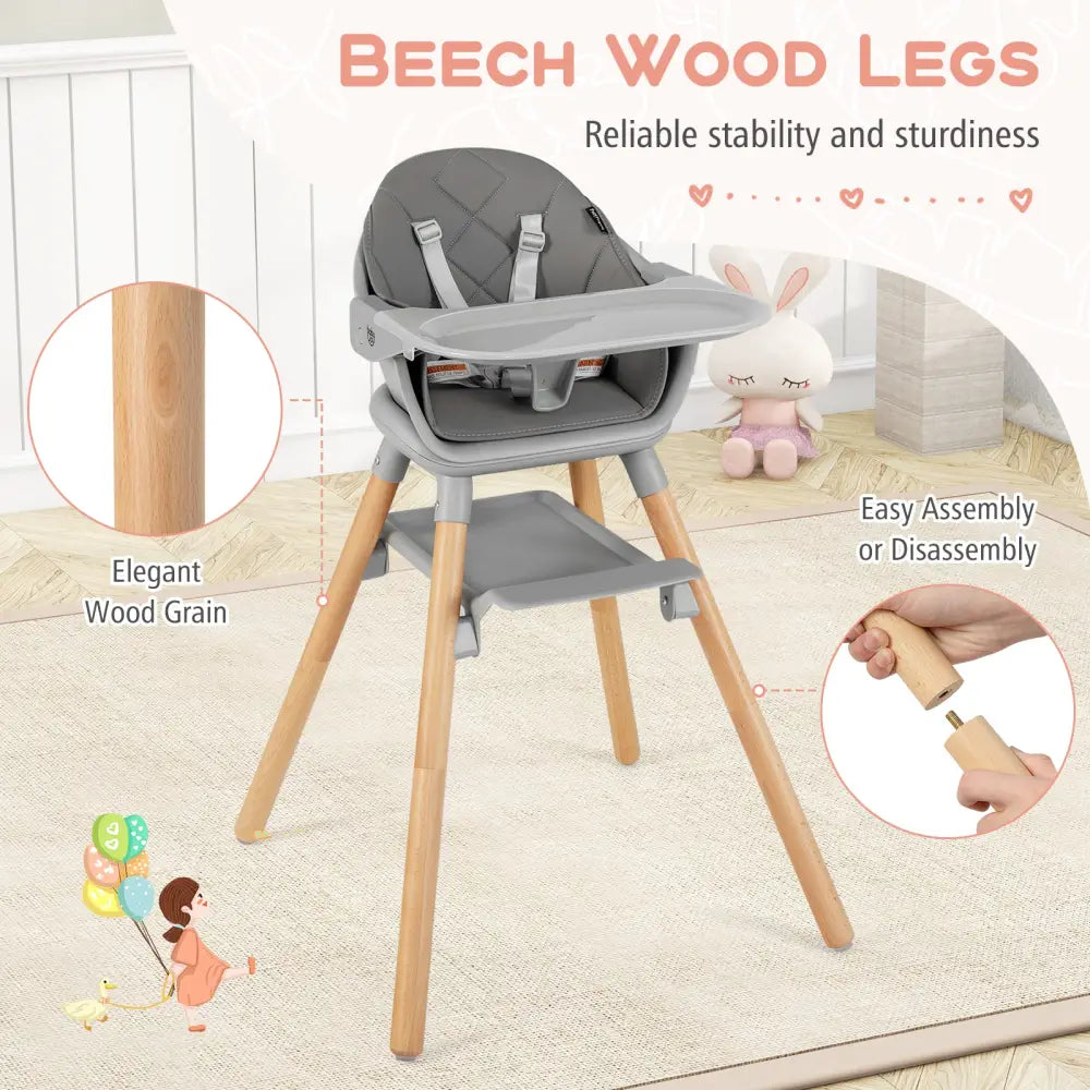 6 in 1 Convertible Highchair with Safety Harness and Removable Tray-Gray - Gray - High Chairs
