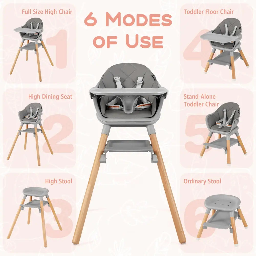 6 in 1 Convertible Highchair with Safety Harness and Removable Tray-Gray - Gray - High Chairs