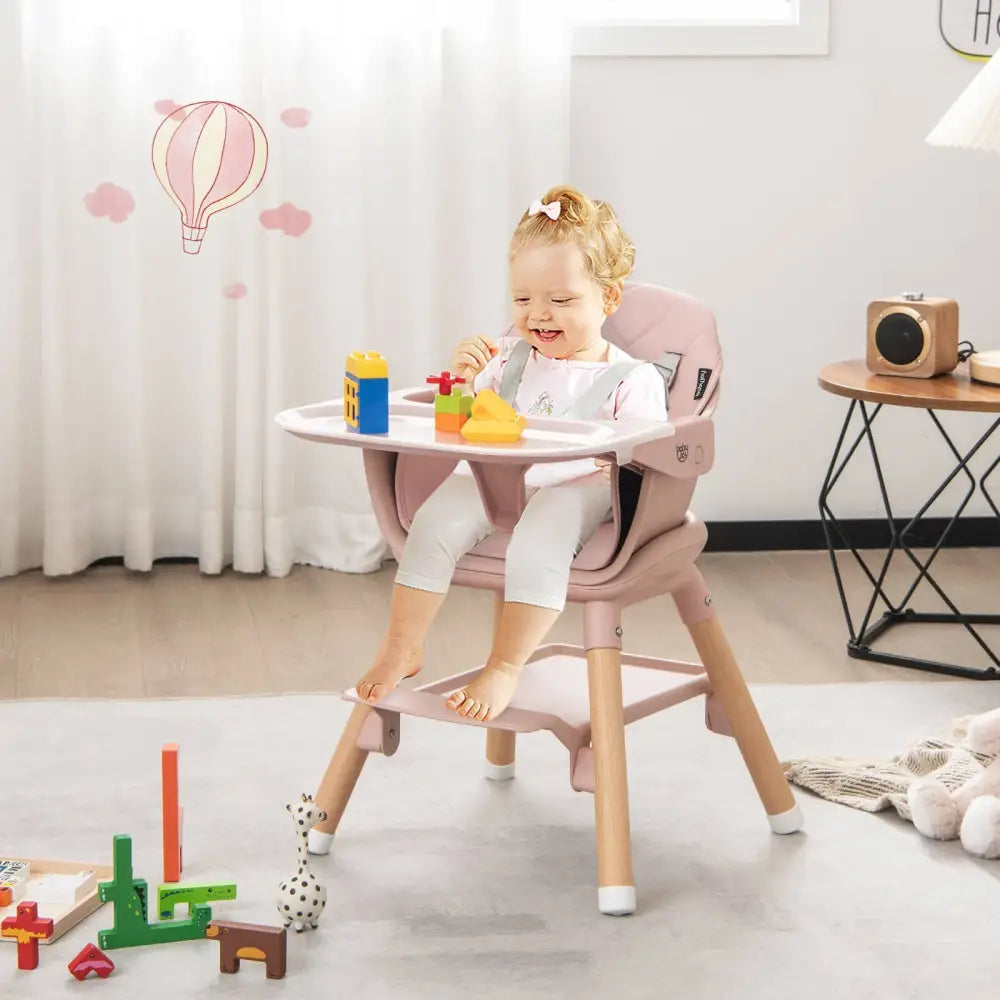 6 in 1 Convertible Highchair with Safety Harness and Removable Tray-Pink - Pink - High Chairs