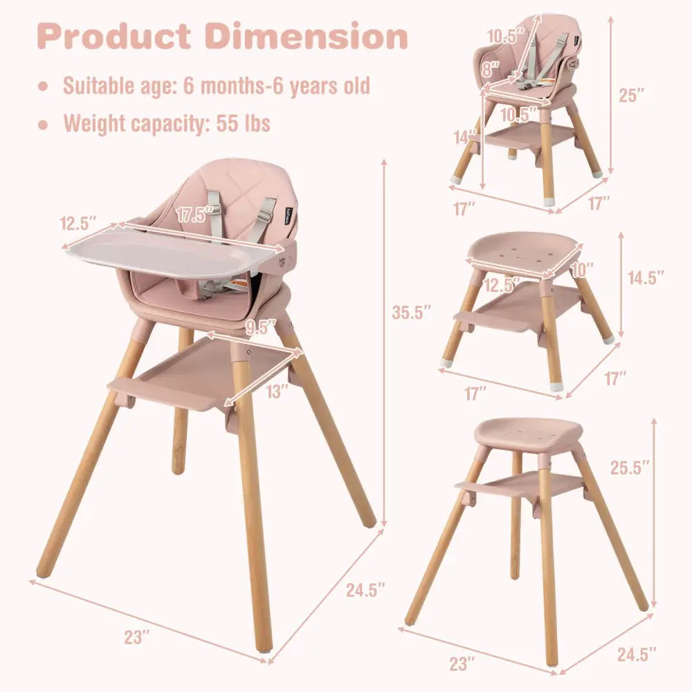 6 in 1 Convertible Highchair with Safety Harness and Removable Tray-Pink - Pink - High Chairs