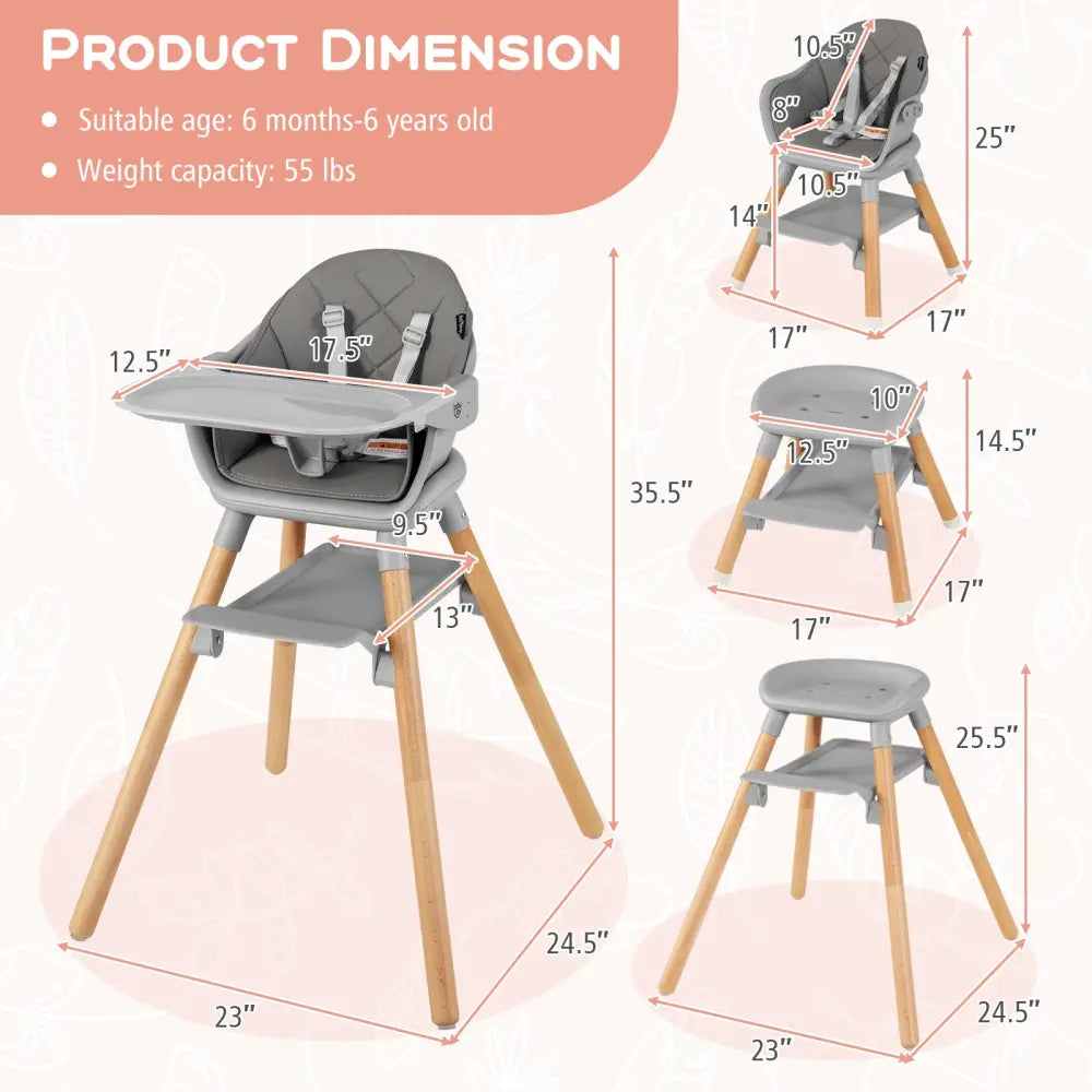 6 in 1 Convertible Highchair with Safety Harness and Removable Tray-Gray - Gray - High Chairs
