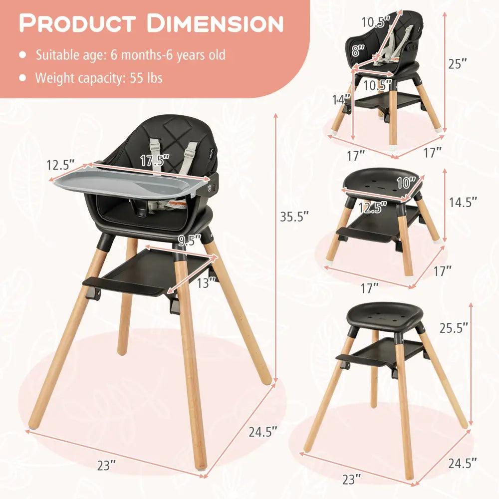 6 in 1 Convertible Highchair with Safety Harness and Removable Tray-Black - Black - High Chairs