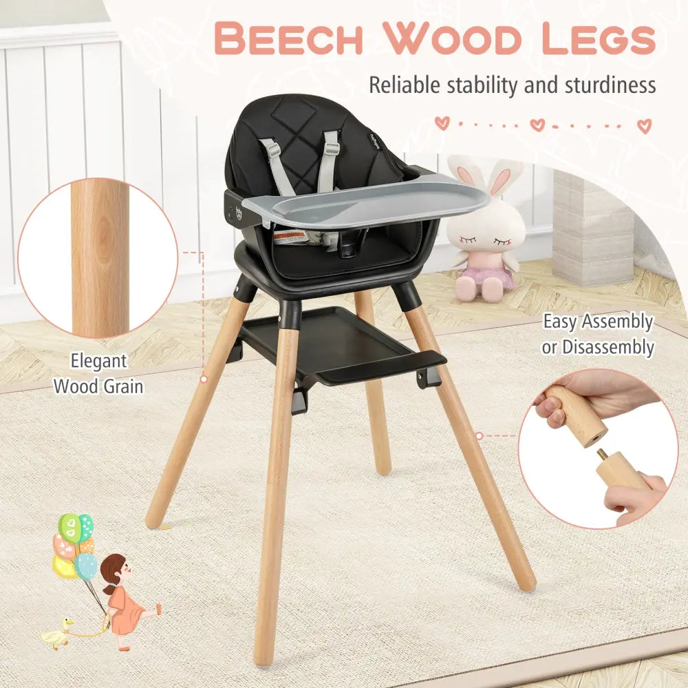 6 in 1 Convertible Highchair with Safety Harness and Removable Tray-Black - Black - High Chairs