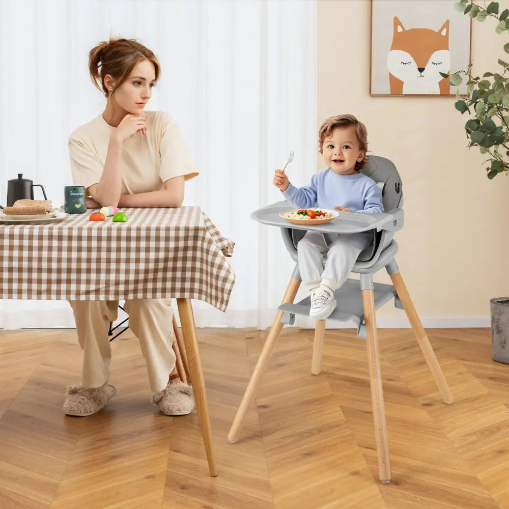 6 in 1 Convertible Highchair with Safety Harness and Removable Tray-Gray - Gray - High Chairs