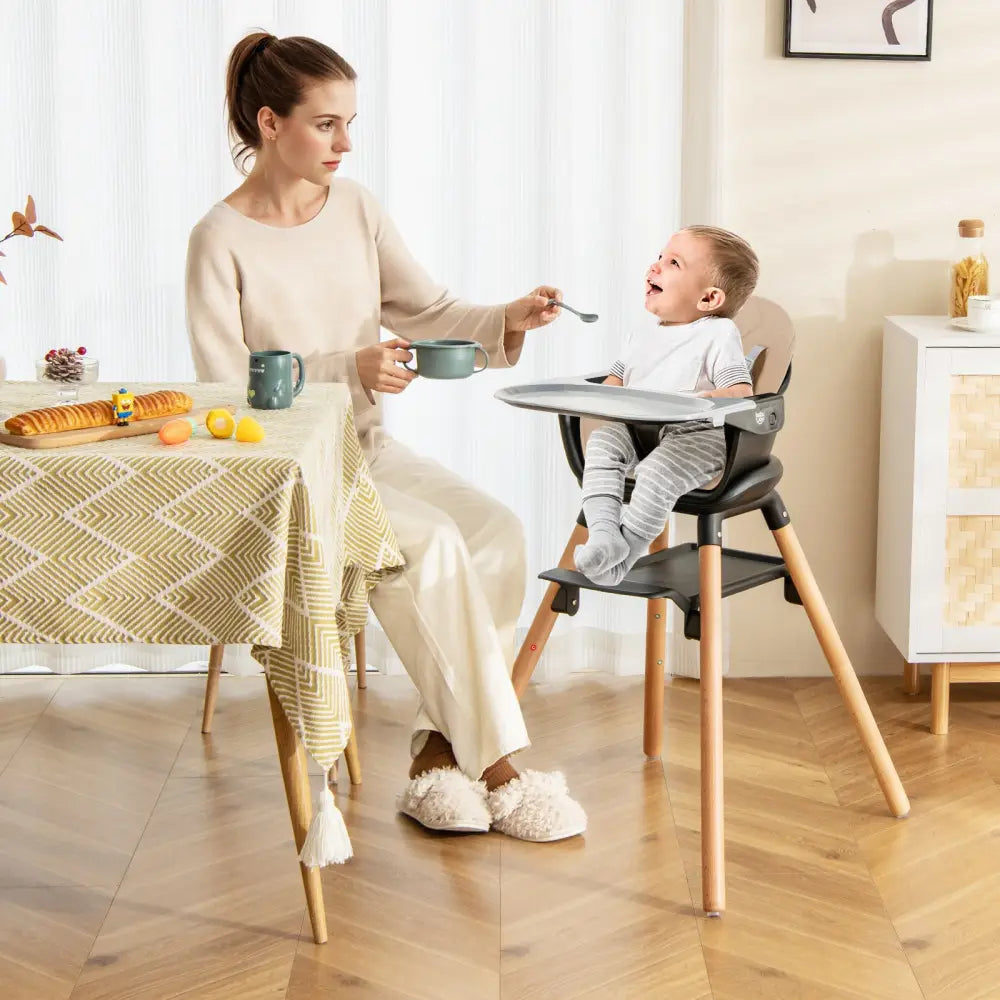 6 in 1 Convertible Highchair with Safety Harness and Removable Tray-Coffee - Coffee - High Chairs