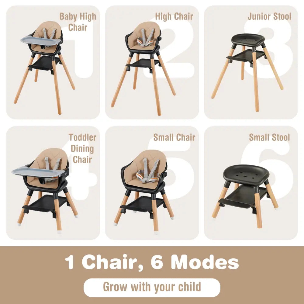 6 in 1 Convertible Highchair with Safety Harness and Removable Tray-Coffee - Coffee - High Chairs