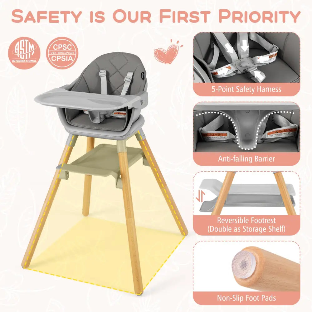 6 in 1 Convertible Highchair with Safety Harness and Removable Tray-Gray - Gray - High Chairs