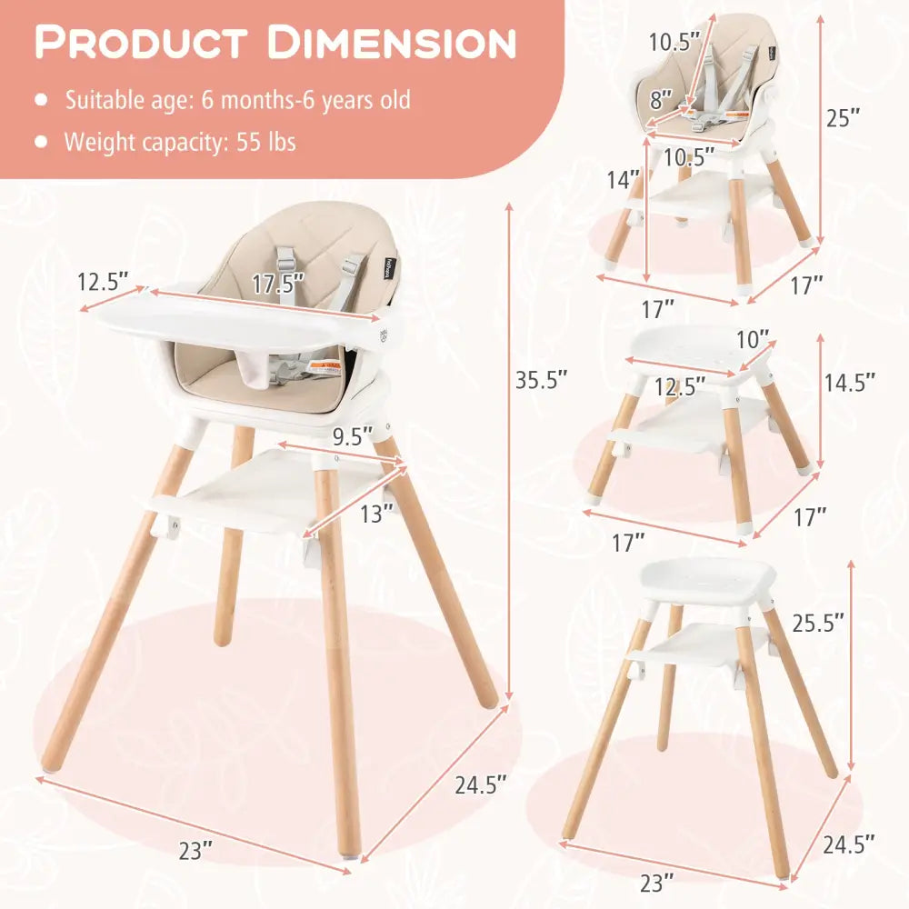 6 in 1 Convertible Highchair with Safety Harness and Removable Tray-Beige - Beige - High Chairs