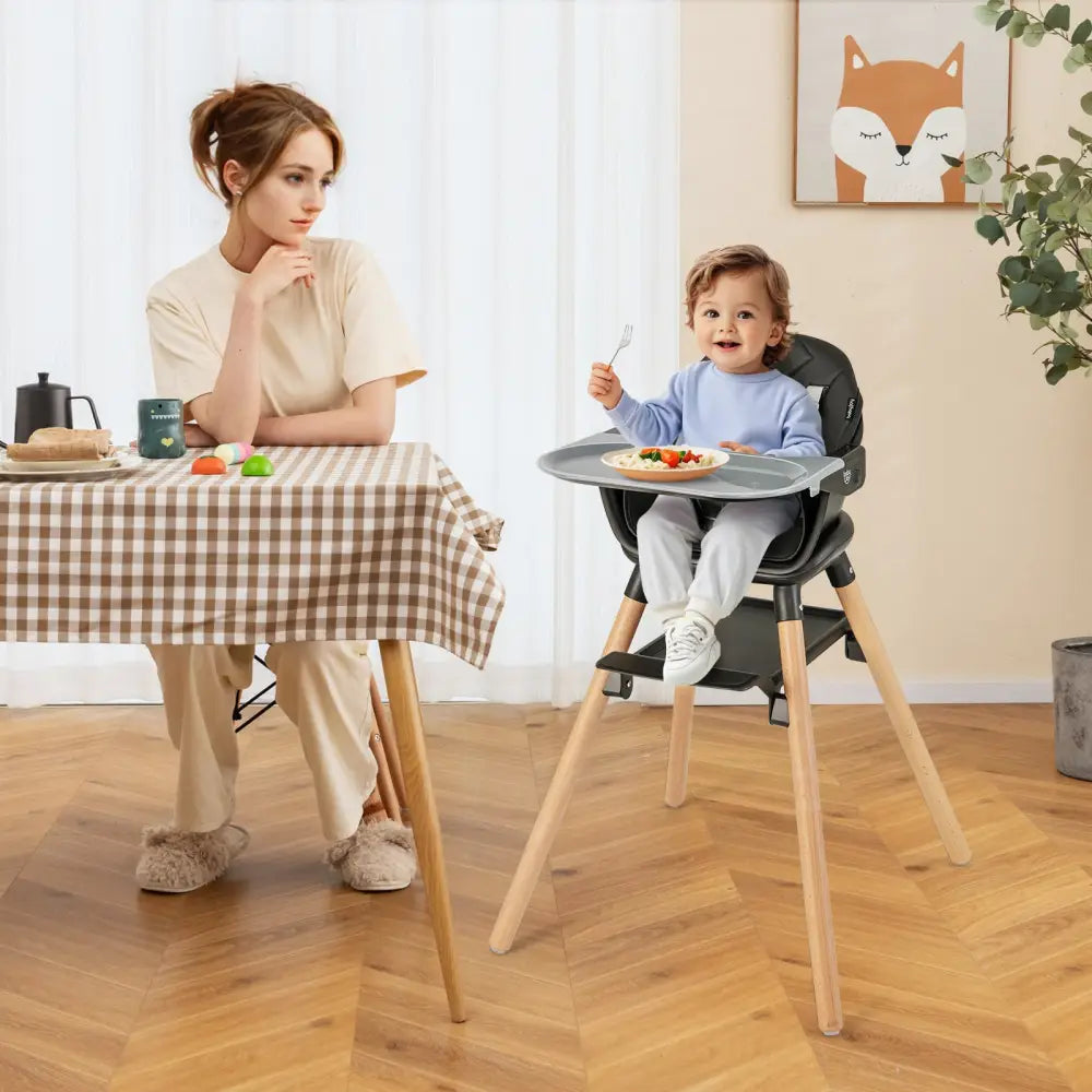 6 in 1 Convertible Highchair with Safety Harness and Removable Tray-Black - Black - High Chairs