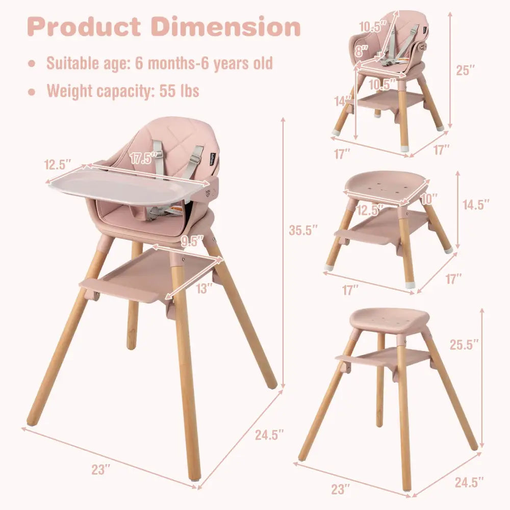 6 in 1 Convertible Highchair with Safety Harness and Removable Tray-Pink - Pink - High Chairs
