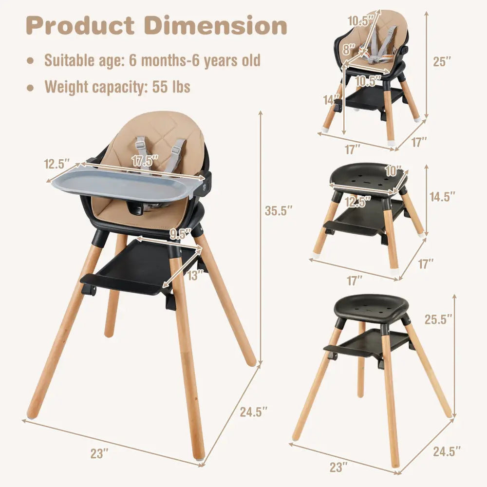 6 in 1 Convertible Highchair with Safety Harness and Removable Tray-Coffee - Coffee - High Chairs