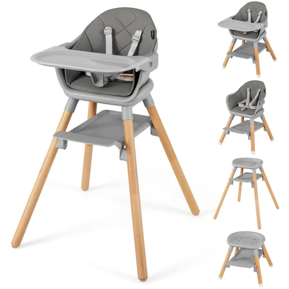 6 in 1 Convertible Highchair with Safety Harness and Removable Tray-Gray - Gray - High Chairs