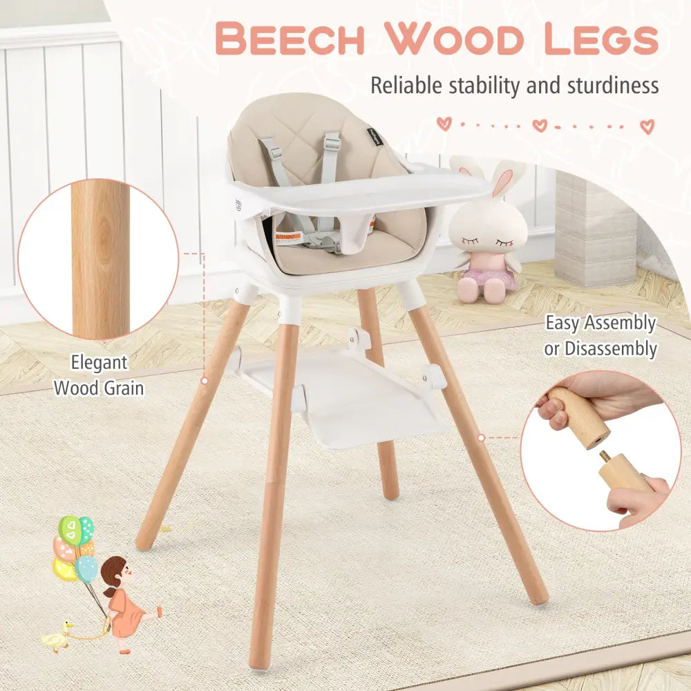 6 in 1 Convertible Highchair with Safety Harness and Removable Tray-Beige - Beige - High Chairs