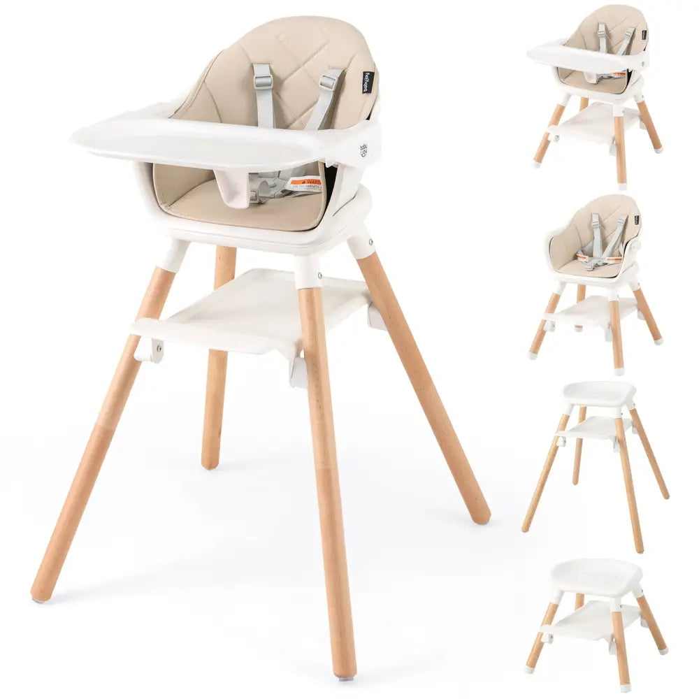 6 in 1 Convertible Highchair with Safety Harness and Removable Tray-Beige - Beige - High Chairs