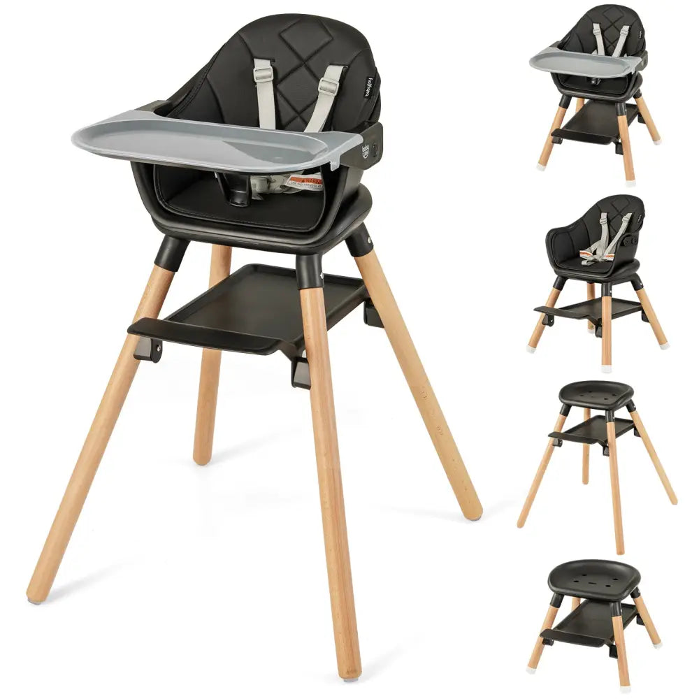 6 in 1 Convertible Highchair with Safety Harness and Removable Tray-Black - Black - High Chairs