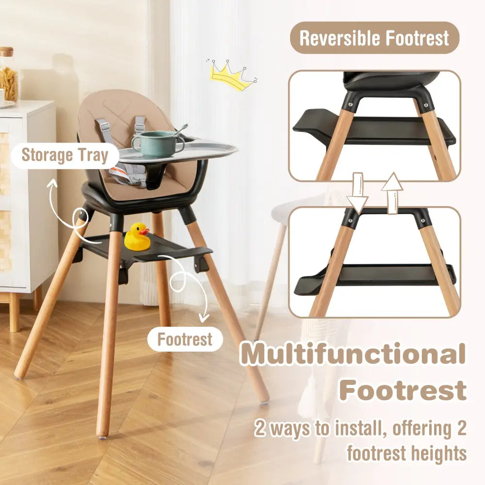 6 in 1 Convertible Highchair with Safety Harness and Removable Tray-Coffee - Coffee - High Chairs