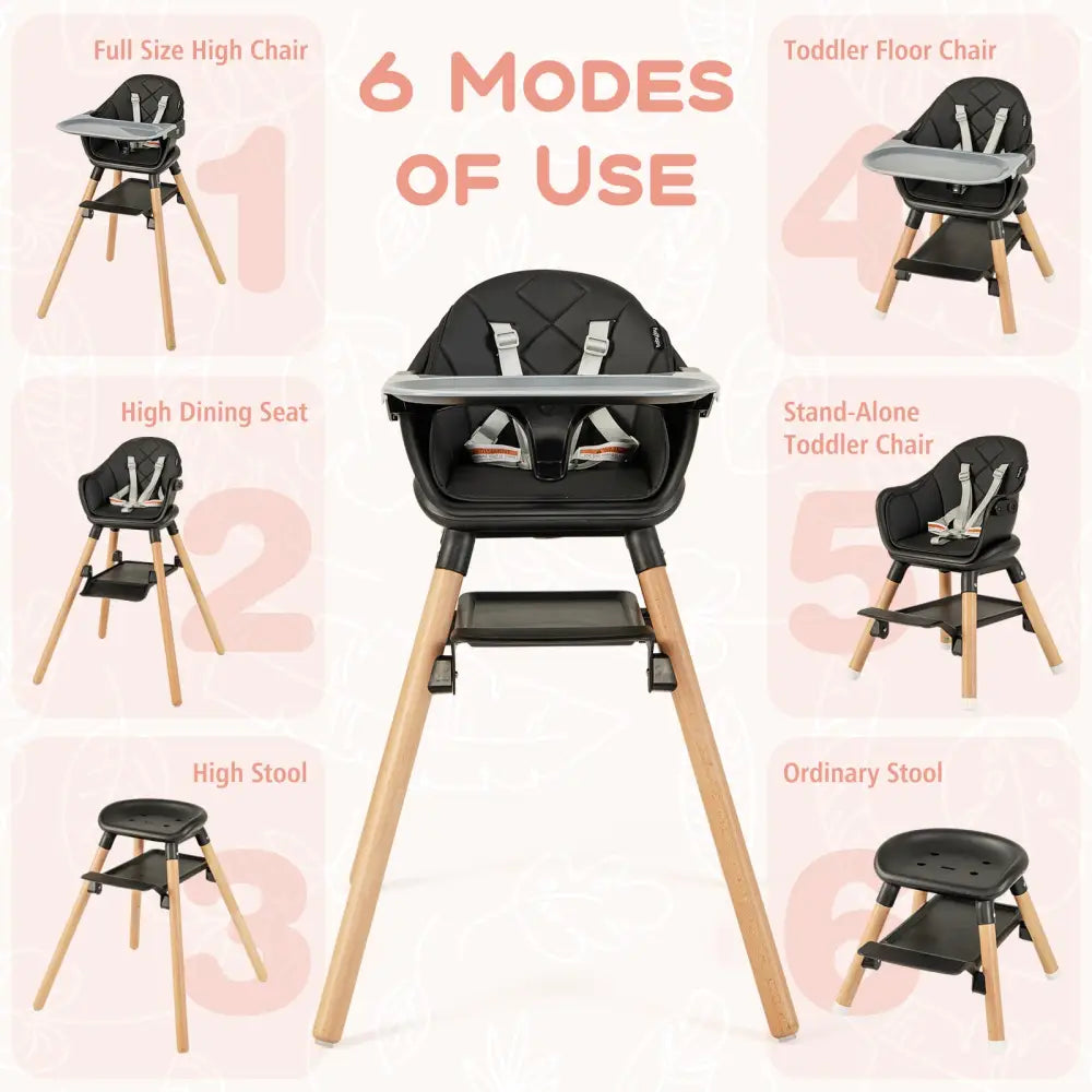 6 in 1 Convertible Highchair with Safety Harness and Removable Tray-Black - Black - High Chairs