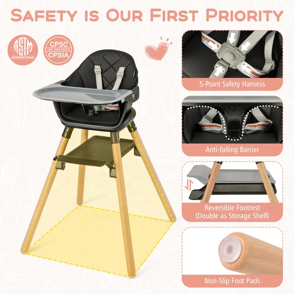 6 in 1 Convertible Highchair with Safety Harness and Removable Tray-Black - Black - High Chairs