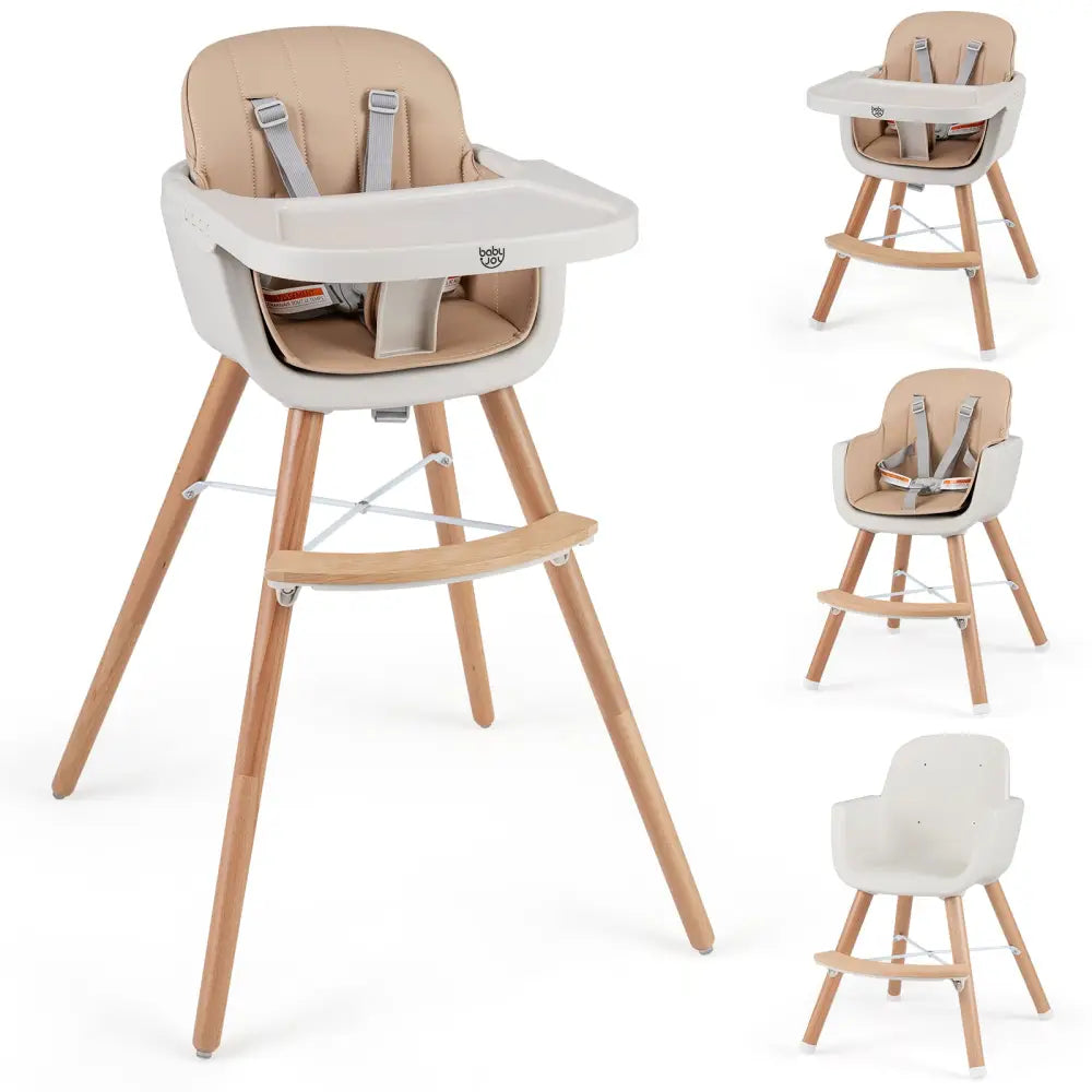 6-in-1 Convertible Wooden Highchair with Safety Harness and Adjustable Legs-Light Brown - Light Brown - High Chairs