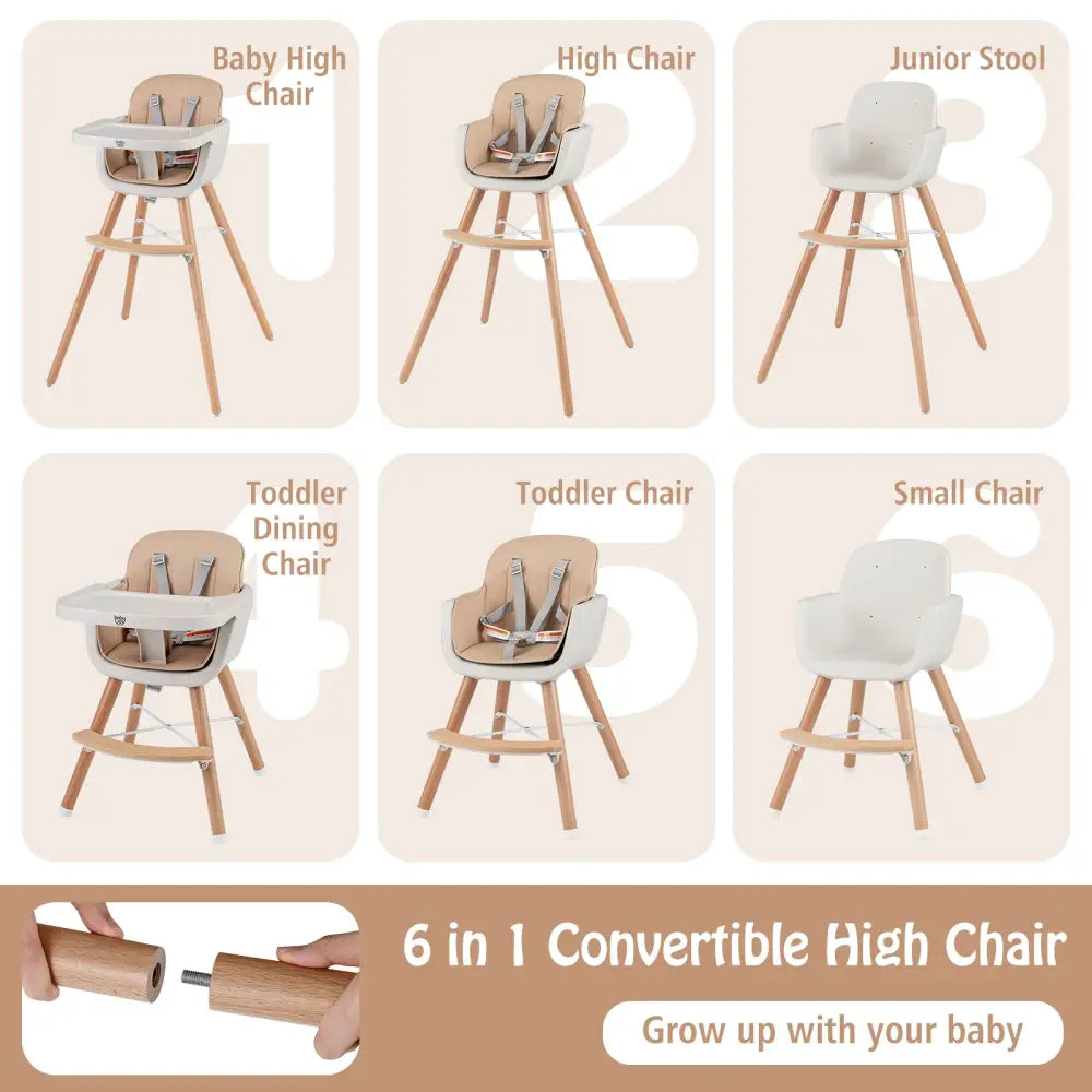 6-in-1 Convertible Wooden Highchair with Safety Harness and Adjustable Legs-Light Brown - Light Brown - High Chairs