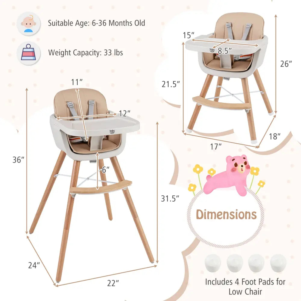 6-in-1 Convertible Wooden Highchair with Safety Harness and Adjustable Legs-Light Brown - Light Brown - High Chairs