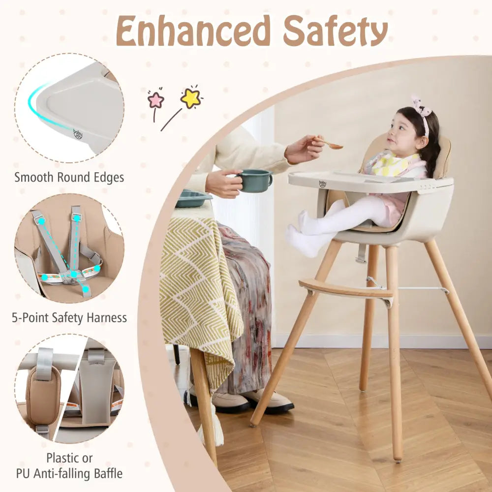 6-in-1 Convertible Wooden Highchair with Safety Harness and Adjustable Legs-Light Brown - Light Brown - High Chairs