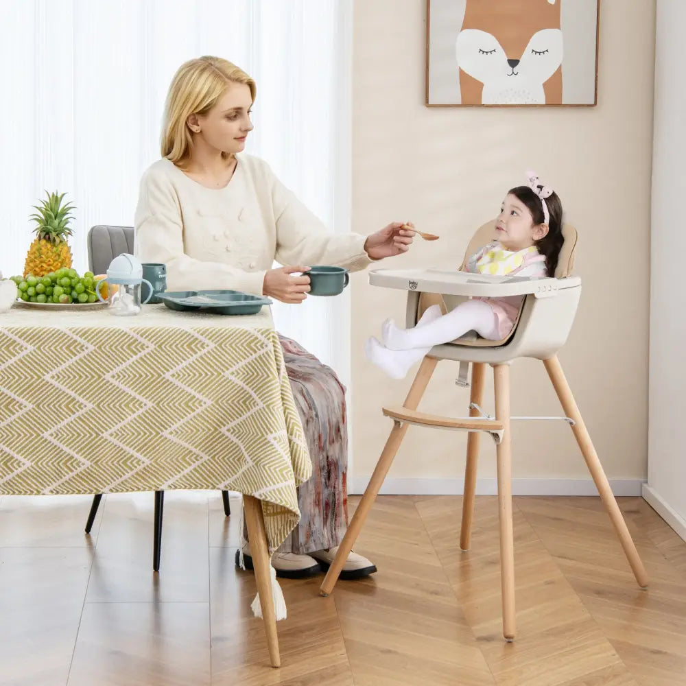 6-in-1 Convertible Wooden Highchair with Safety Harness and Adjustable Legs-Light Brown - Light Brown - High Chairs