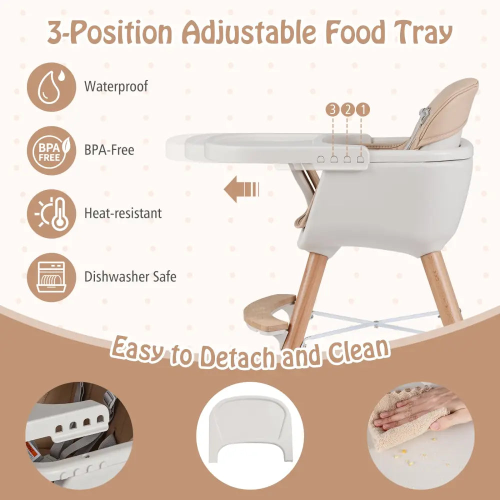 6-in-1 Convertible Wooden Highchair with Safety Harness and Adjustable Legs-Light Brown - Light Brown - High Chairs
