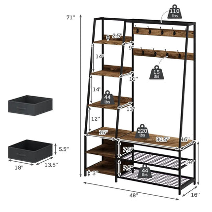 6-in-1 Freestanding Hall Tree Coat Rack with Bench and Fabric Dressers-Rustic Brown - Rustic Brown - Clothing & Closet