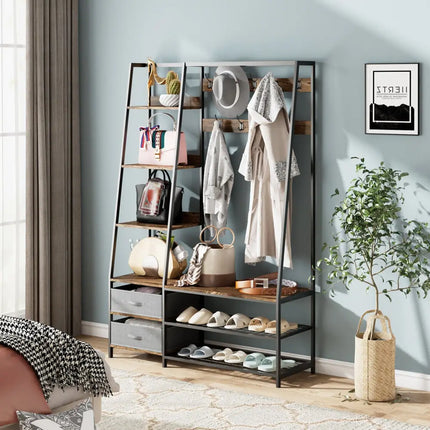 6-in-1 Freestanding Hall Tree Coat Rack with Bench and Fabric Dressers-Rustic Brown - Rustic Brown - Clothing & Closet
