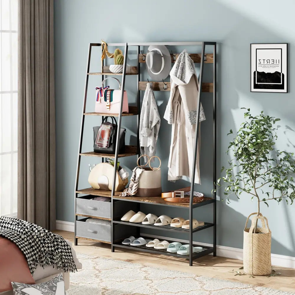 6-in-1 Freestanding Hall Tree Coat Rack with Bench and Fabric Dressers-Rustic Brown - Rustic Brown - Clothing & Closet