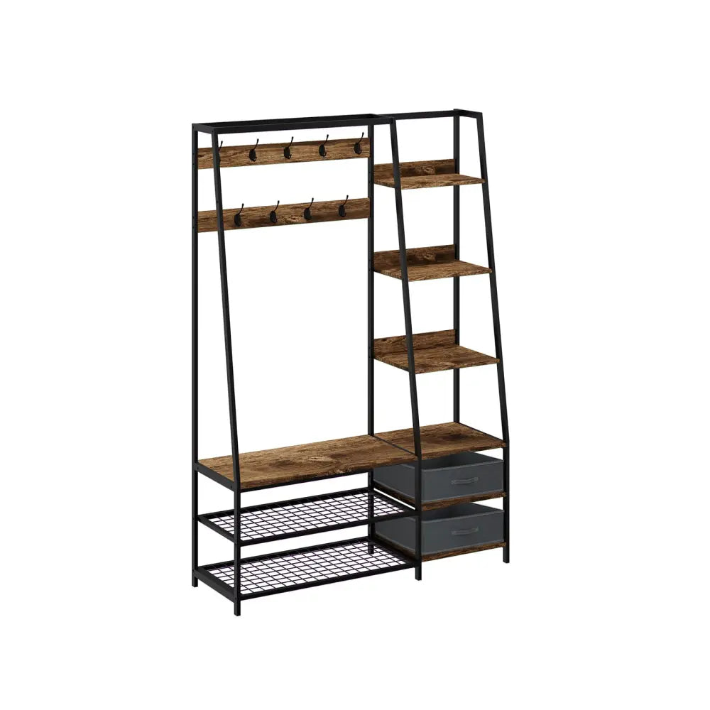 6-in-1 Freestanding Hall Tree Coat Rack with Bench and Fabric Dressers-Rustic Brown - Rustic Brown - Clothing & Closet