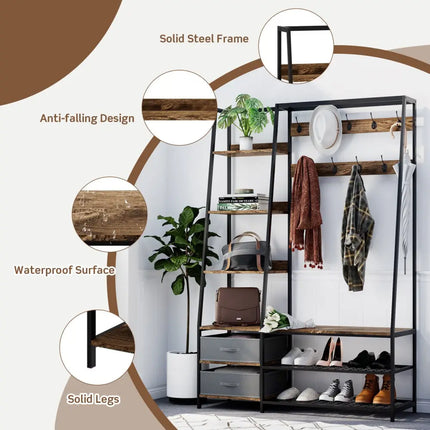 6-in-1 Freestanding Hall Tree Coat Rack with Bench and Fabric Dressers-Rustic Brown - Rustic Brown - Clothing & Closet