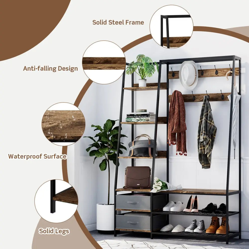 6-in-1 Freestanding Hall Tree Coat Rack with Bench and Fabric Dressers-Rustic Brown - Rustic Brown - Clothing & Closet