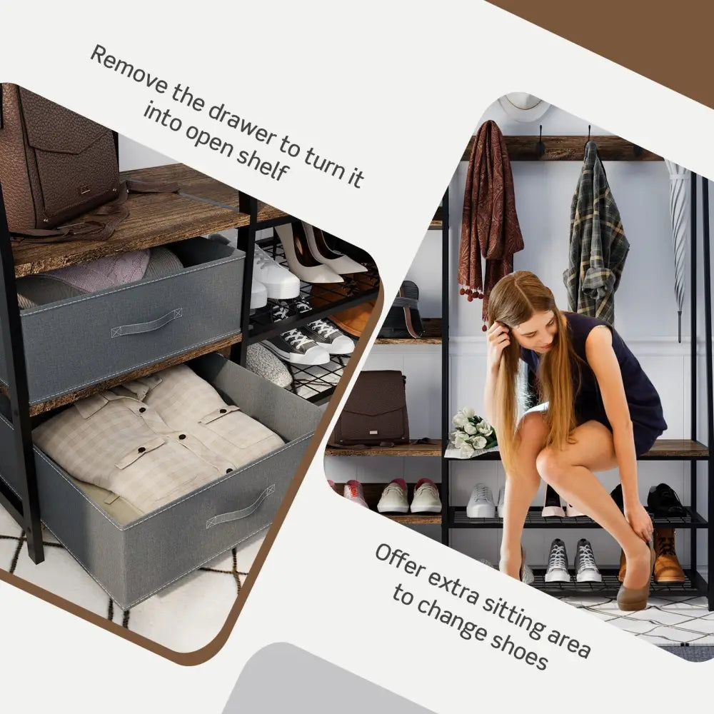 6-in-1 Freestanding Hall Tree Coat Rack with Bench and Fabric Dressers-Rustic Brown - Rustic Brown - Clothing & Closet