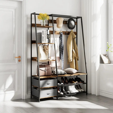 6-in-1 Freestanding Hall Tree Coat Rack with Bench and Fabric Dressers-Rustic Brown - Rustic Brown - Clothing & Closet