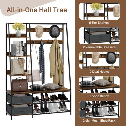 6-in-1 Freestanding Hall Tree Coat Rack with Bench and Fabric Dressers-Rustic Brown - Rustic Brown - Clothing & Closet