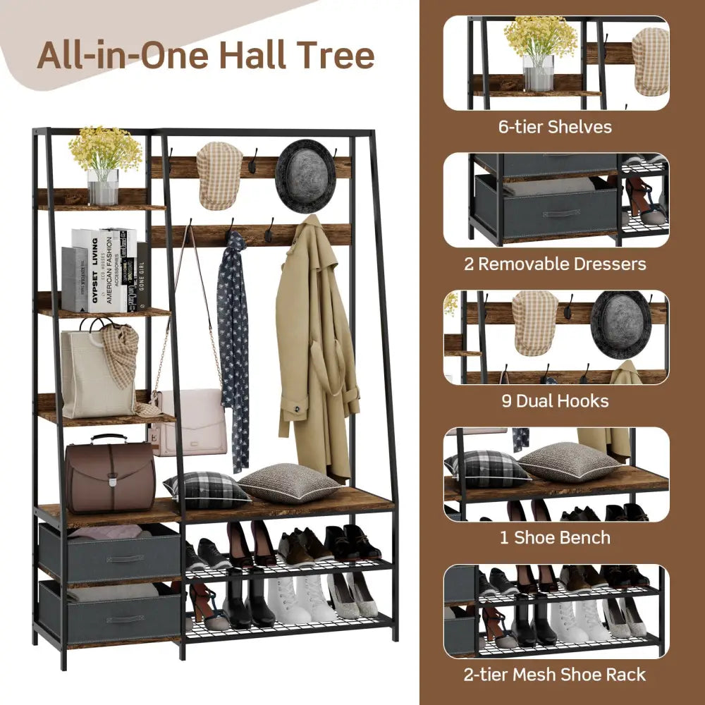 6-in-1 Freestanding Hall Tree Coat Rack with Bench and Fabric Dressers-Rustic Brown - Rustic Brown - Clothing & Closet