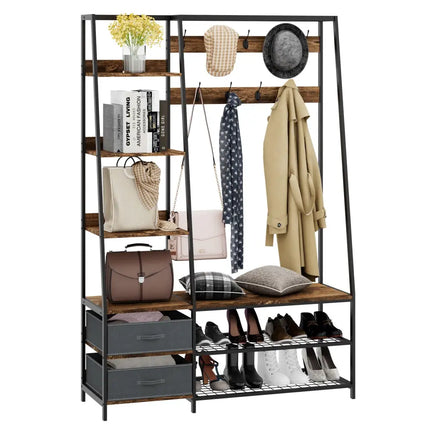 6-in-1 Freestanding Hall Tree Coat Rack with Bench and Fabric Dressers-Rustic Brown - Rustic Brown - Clothing & Closet